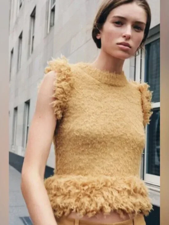 Zara Mustard Yellow Ruffle Trim Textured Fuzzy Knit Vest Top, Size Small - Picture 4 of 16